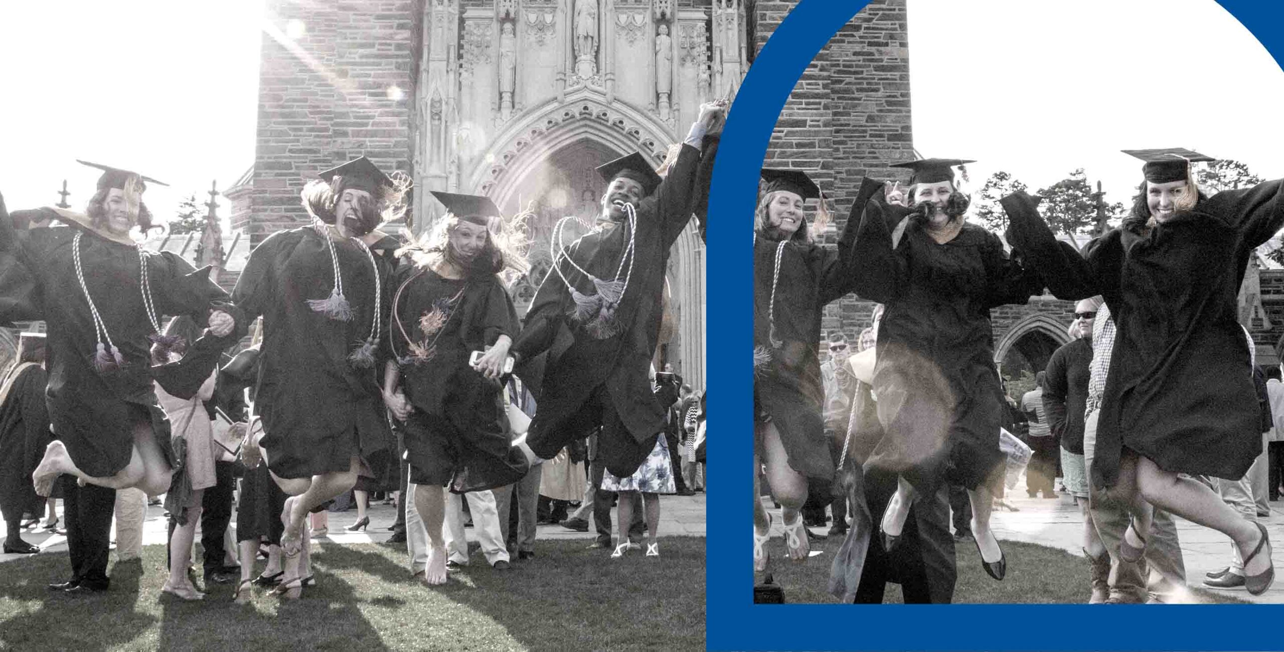 Recent grads in gowns celebrating on campus