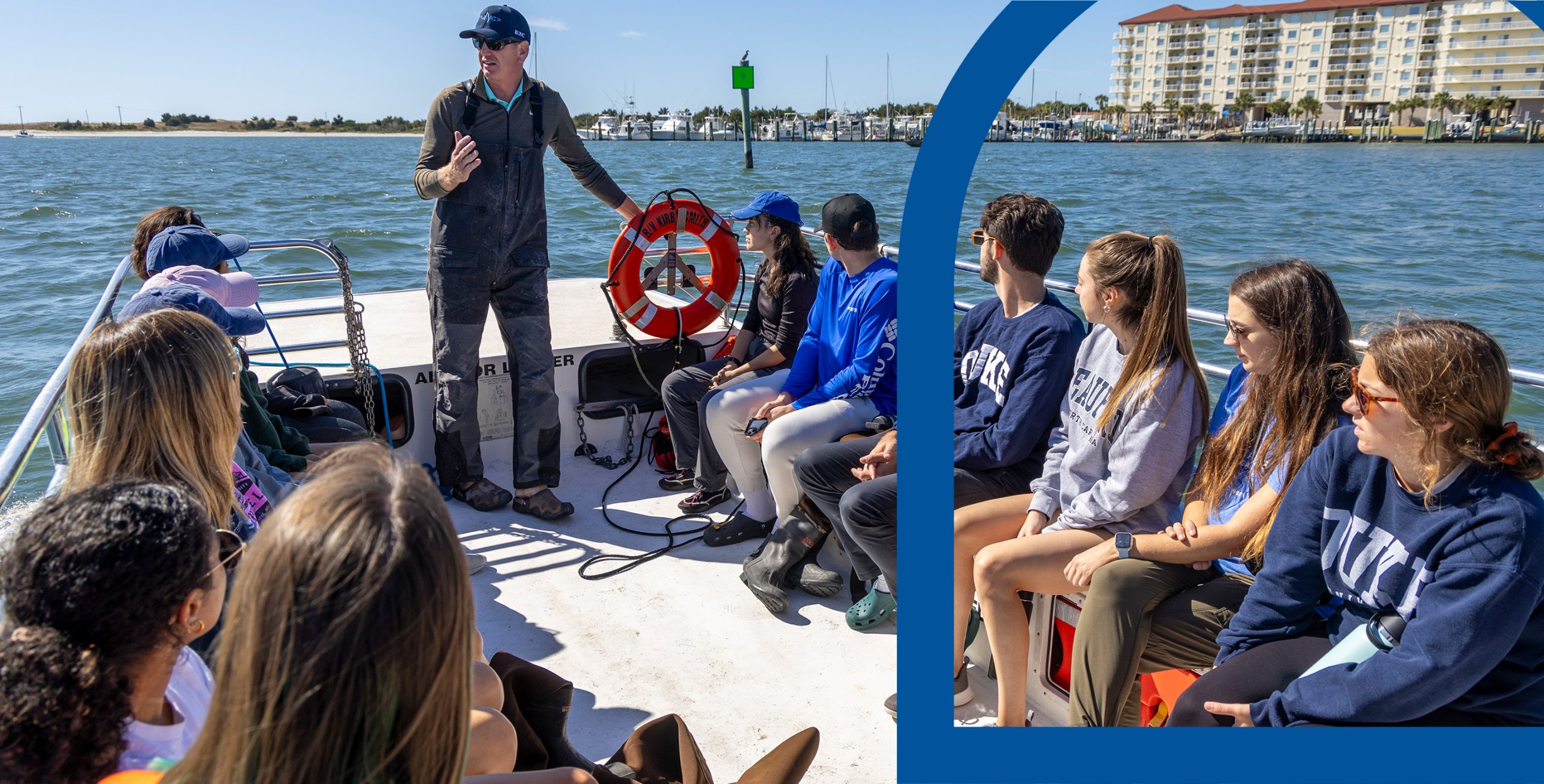 Duke students out on a boat